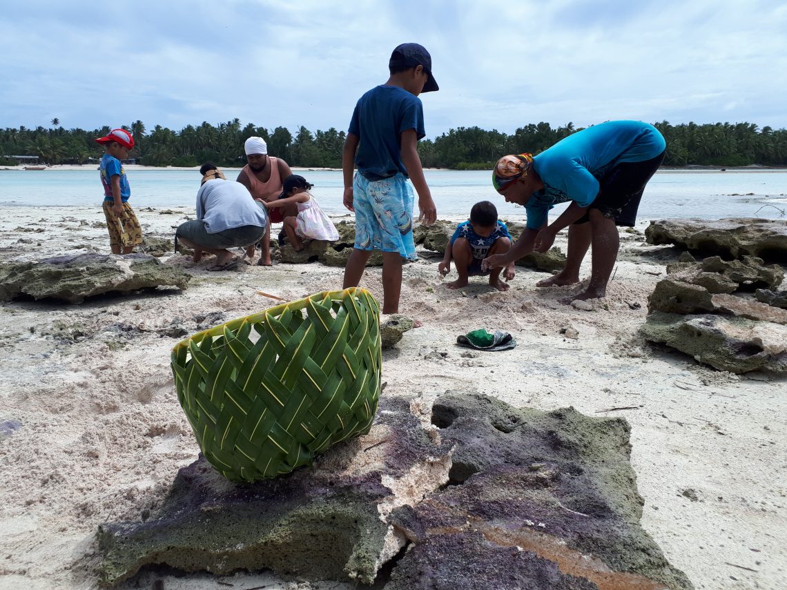 Some islanders in Tuvalu collecting something from the shore with a handwoven leaf basket