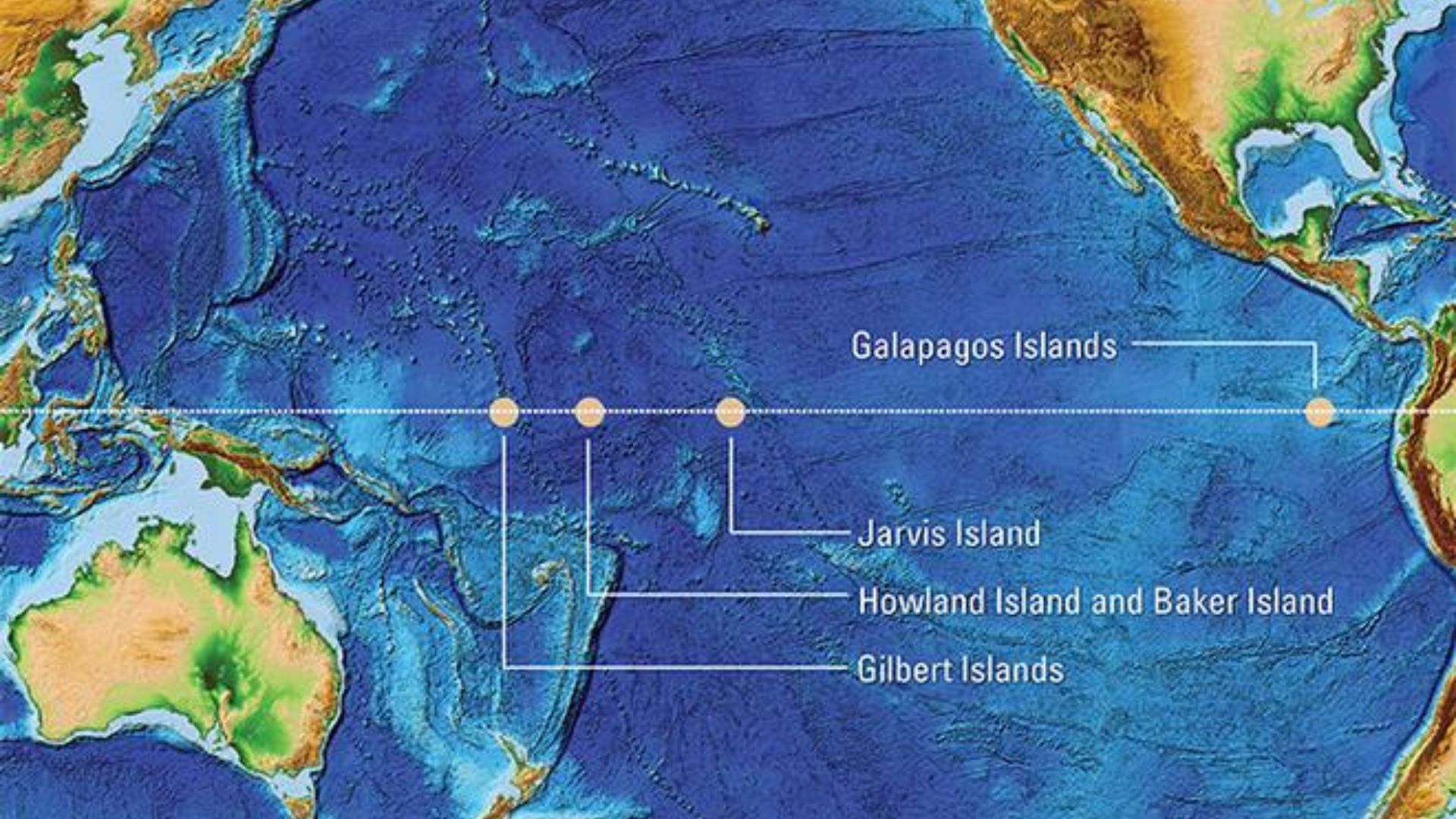 A map showing where the Galapos Island, Jarvis Island, Howland Island, Baker Island, and Gilbert Islands are located