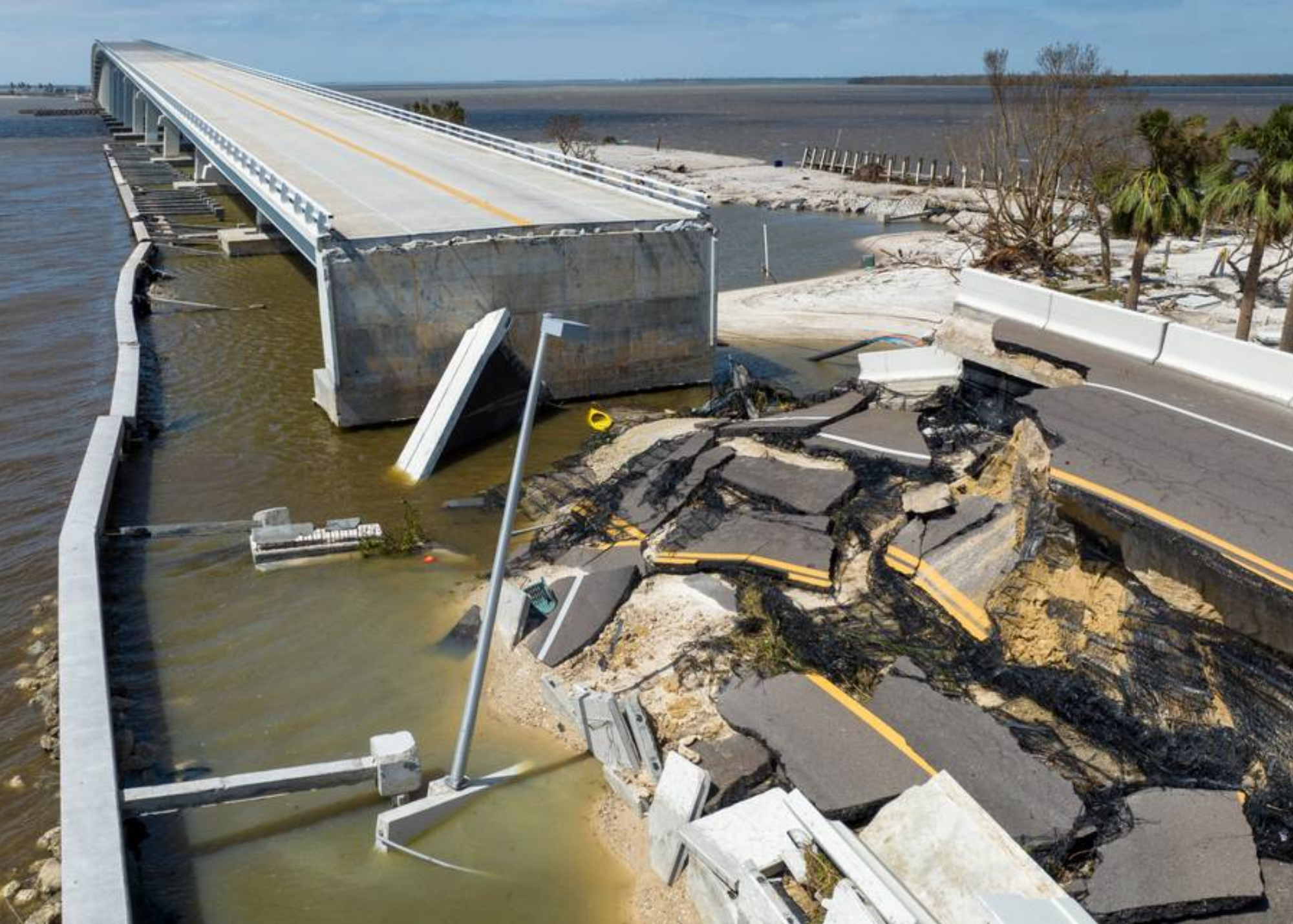 Hurricane Ian destroyed a section of the causeway leading to Sanibel, Fla., in Lee County