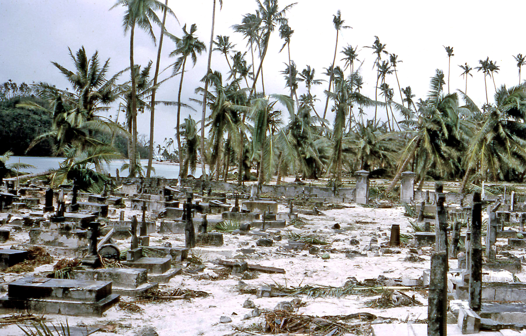 A cemetery damaged by Hurricane Bebe in October 1972