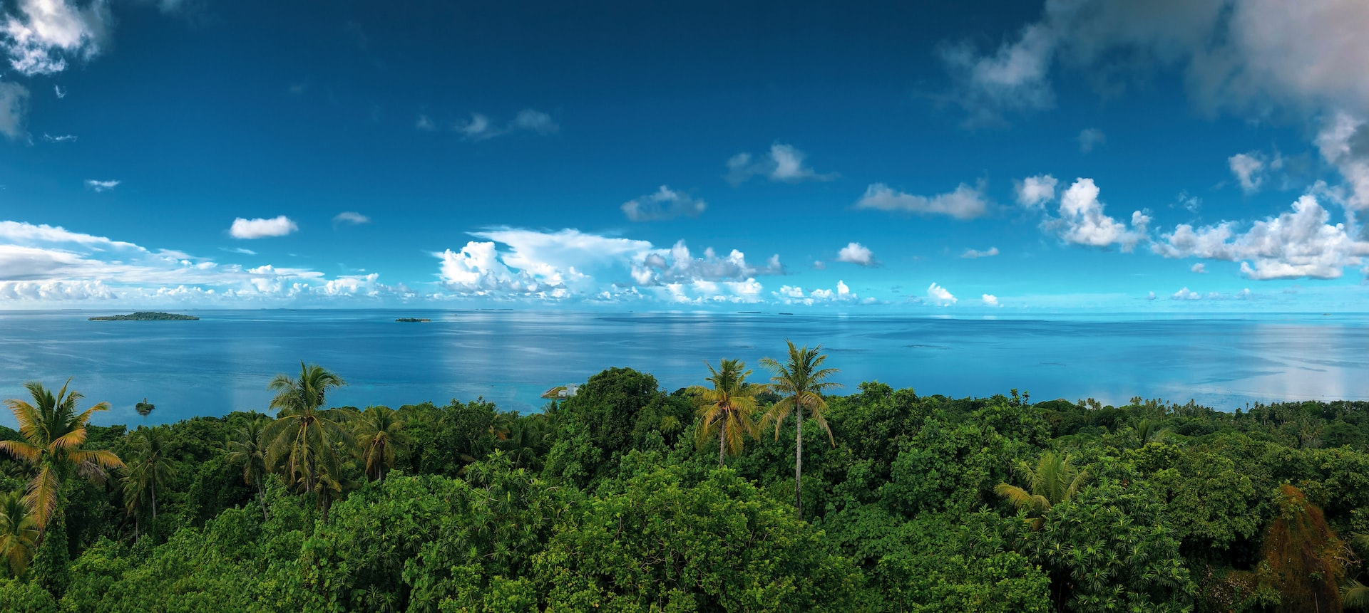 Aerial view of Chuuk Lagoon in Micronesia, with rolls of clouds above and a reach foliage in the foreground