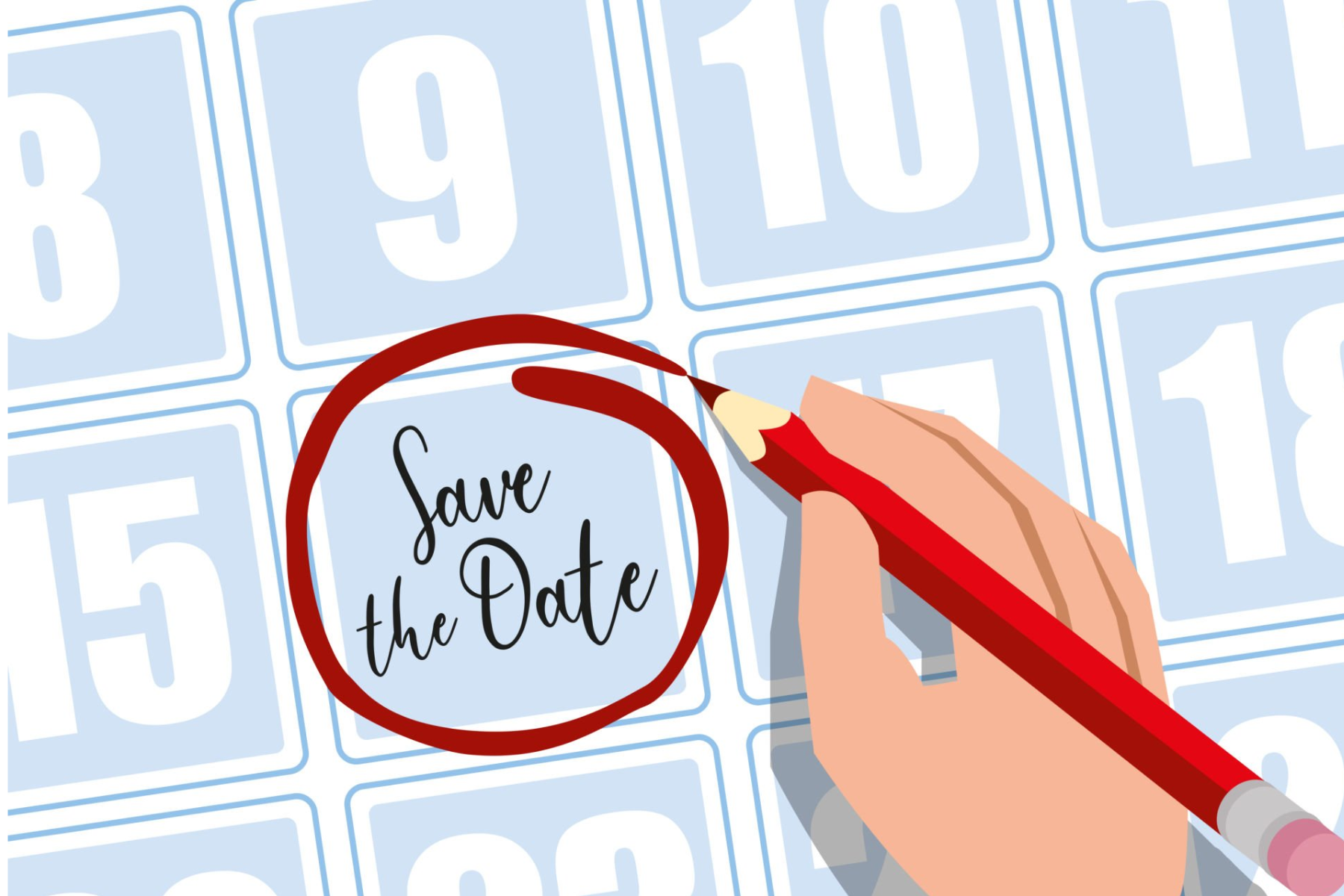 A white hand used a red pencil to mark a calendar with the text "save the date"