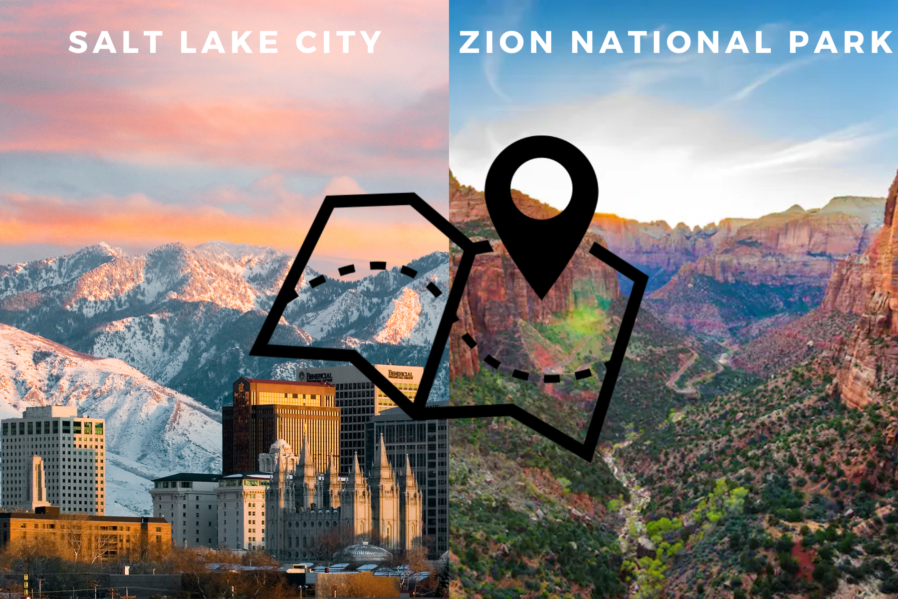 A photograph of Salt Lake City on the left and a photograph of Zion National Park on the right
