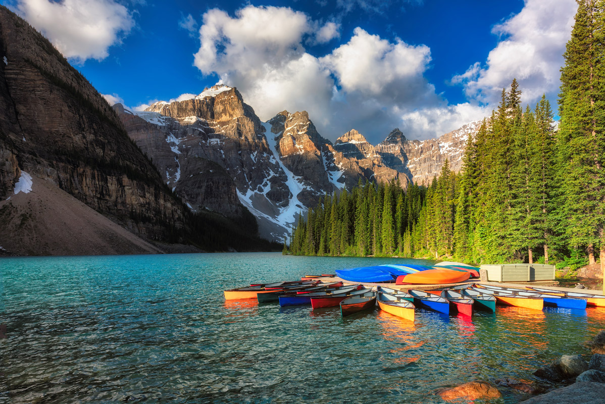 Colorful canoes in the lake at Banff National Park