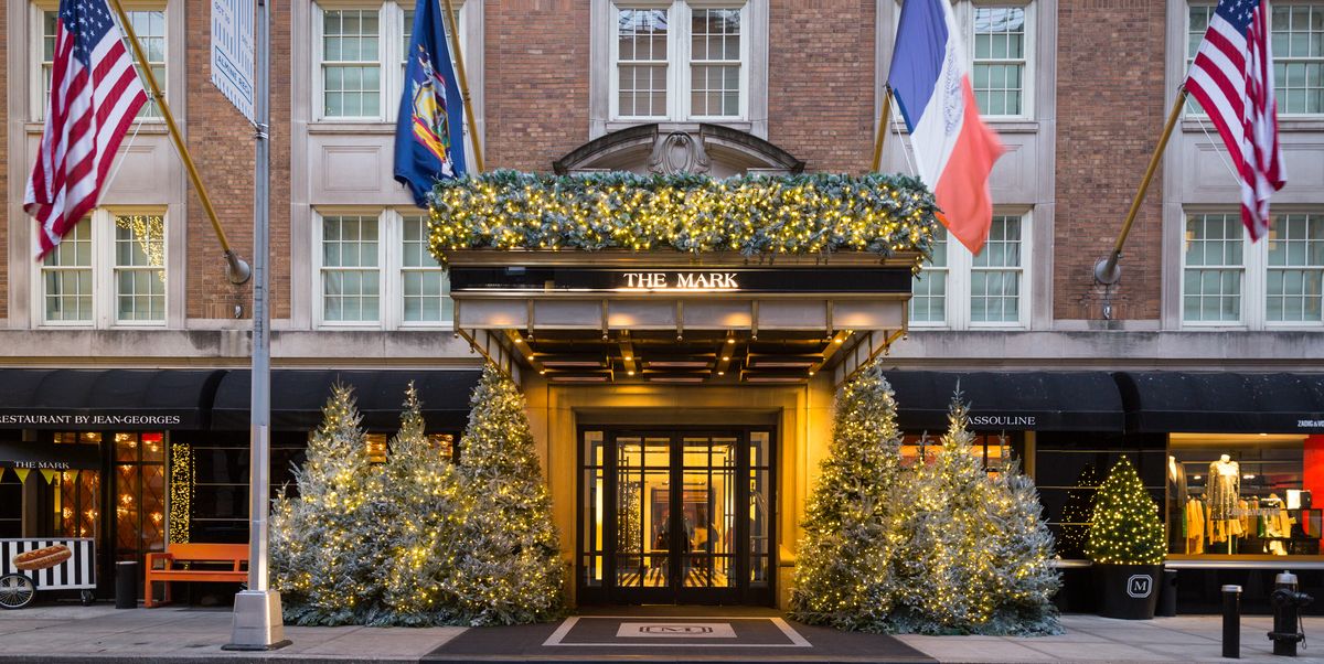 The entrance of the Mark Hotel in New York with France and US flag flying