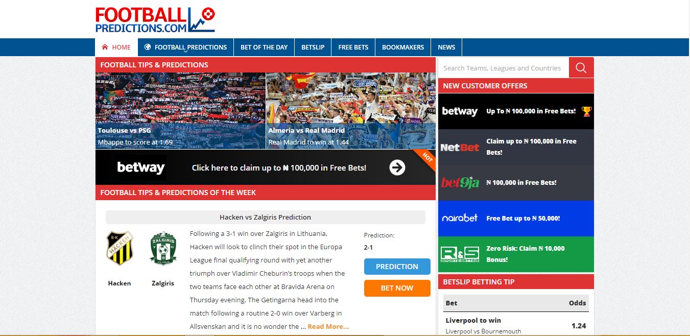 The homepage of the FootballPredictions.com website