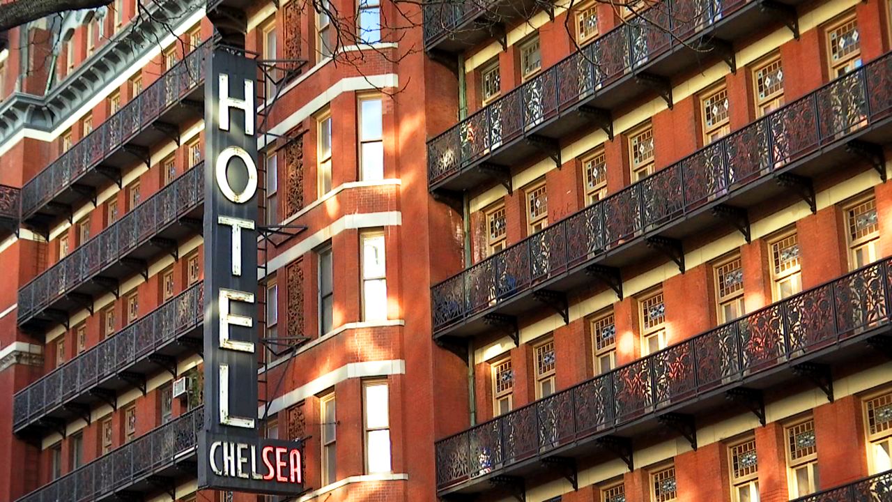 The front view of the Hotel Chelsea showing its sign