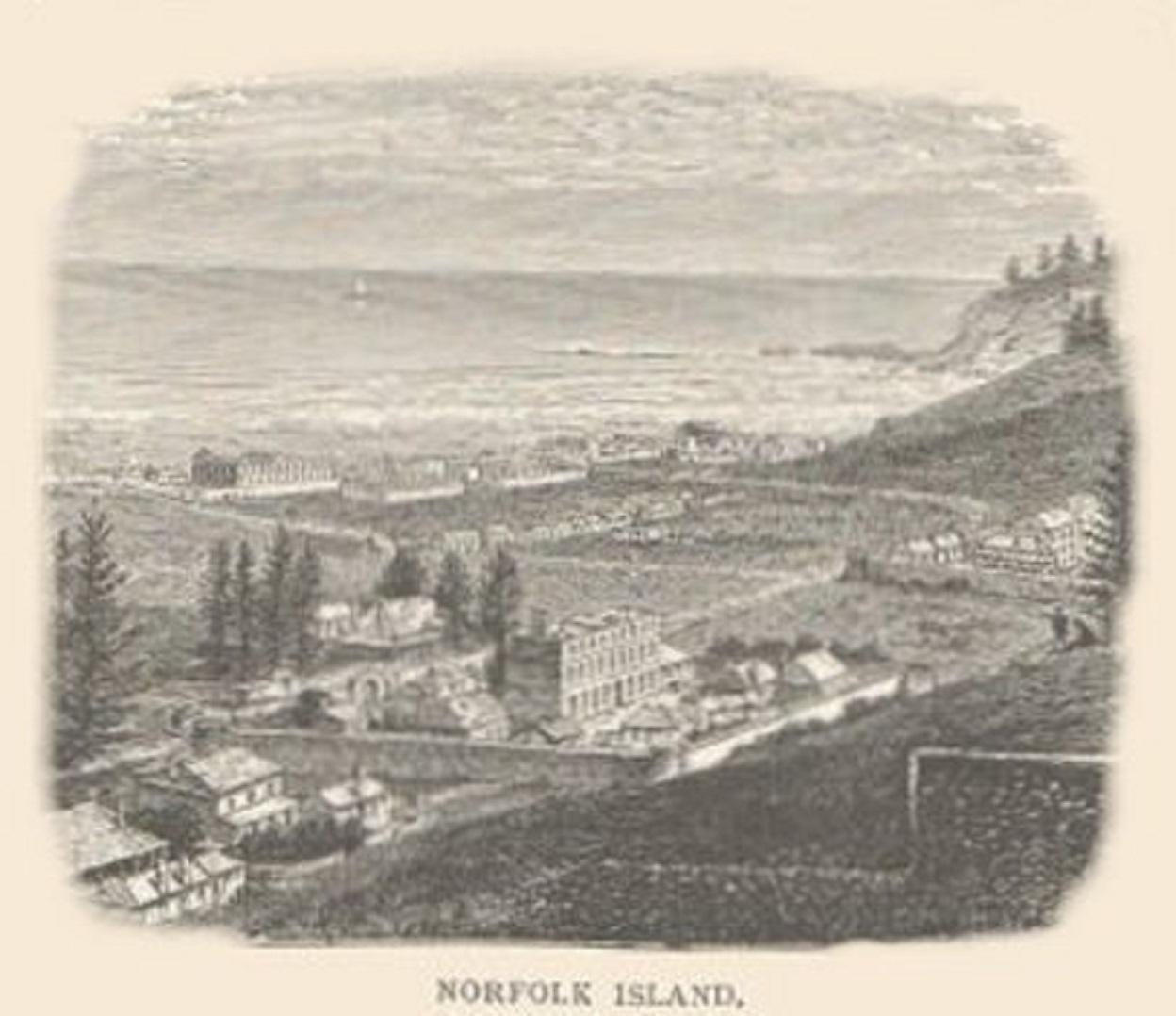 Aerial view of 19th-century Norfolk Island in Australia, with few structures and a sweeping landscape