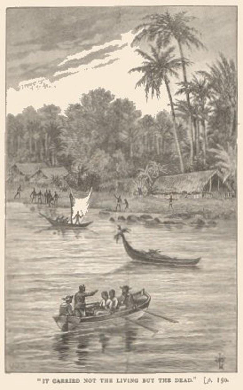 A beach in Nukapu Island, with three canoes, with the middle one carrying the dead body of Patteson as sketched