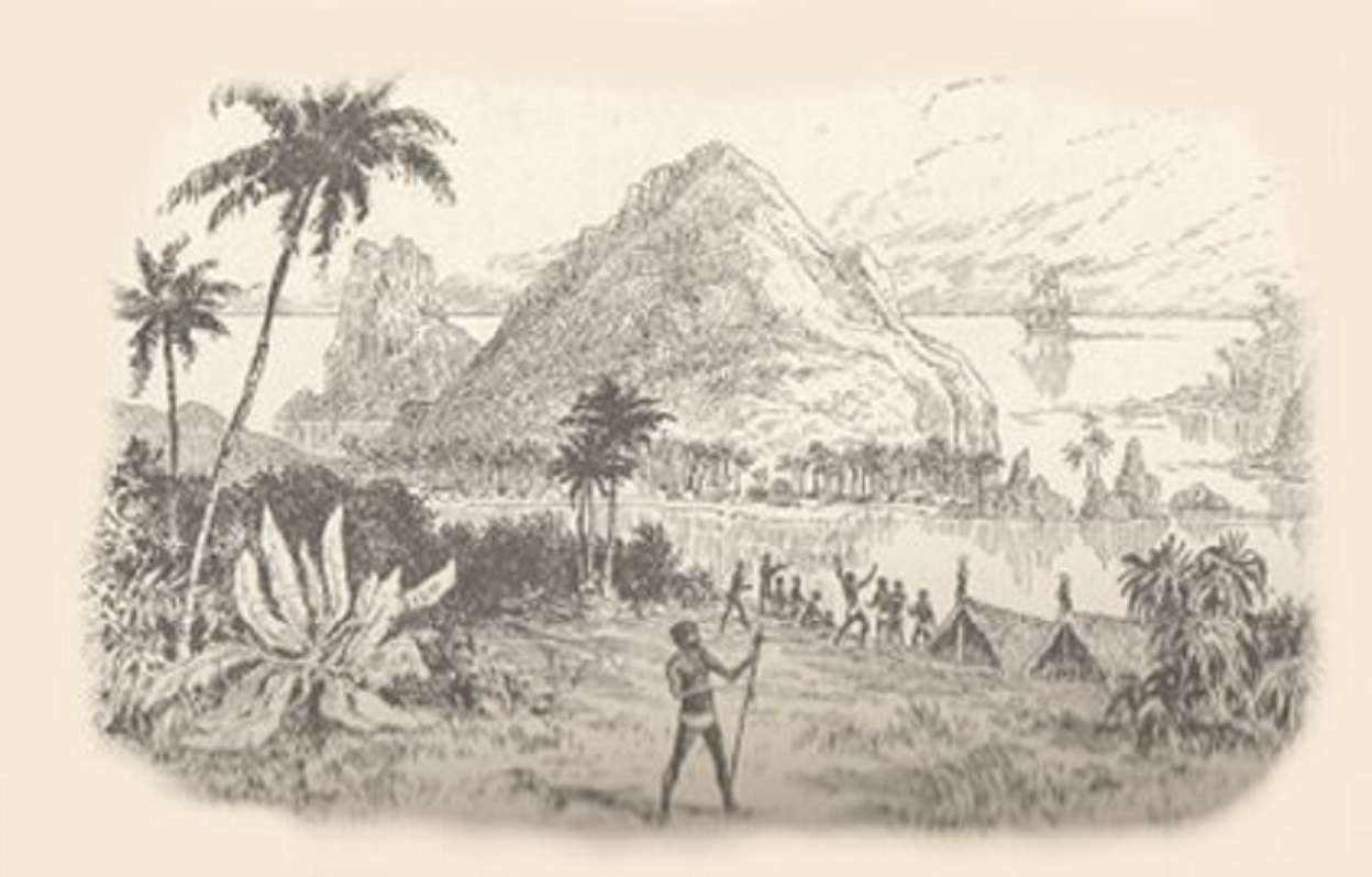 The island of San Cristobal in Solomon Islands, with dark-skinned natives, coconut trees, nipa huts as sketched