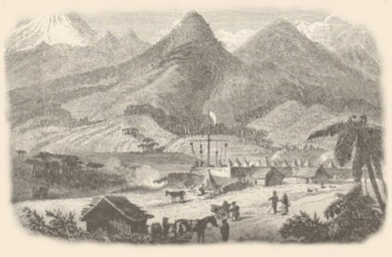19th-century rural Auckland in New Zealand, with few wooden houses near the mountainside as sketched