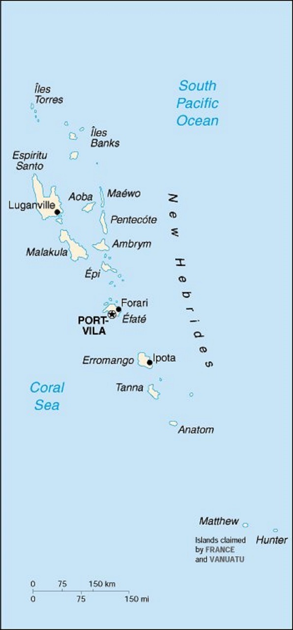 A map of Vanuatu showing that it’s in the South Pacific Ocean, with the Coral Sea on its left side