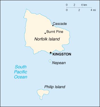 A map of Norfolk Island in the South Pacific Ocean, with its capital Kingston and islands of Nepean and Phillip